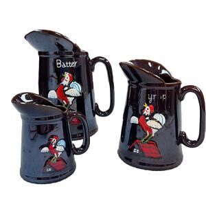Vintage Redware Rooster Pancakes Pitcher Batter Syrup Pottery JAPAN - Set of 3